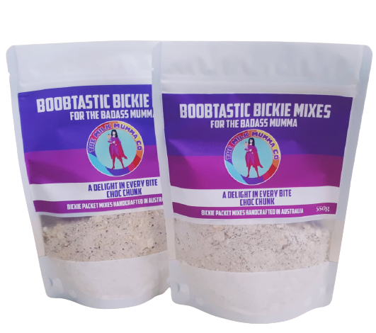 Boobtastic Bickie Mixes. Chock Chunk. Two bags next to each other.  Lactation Bickies and Lactation Bickie Mixes. Chock Chunk flavour. Bickie Mix visually accessible through packaging window.